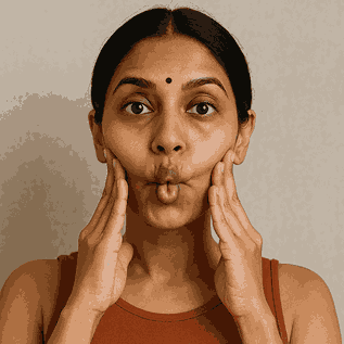 Woman practicing face yoga by making a fish face pose and gently pressing her cheeks to tone facial muscles naturally.