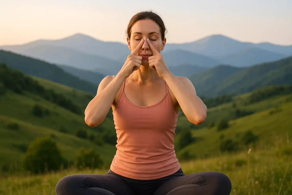 A woman practicing face yoga outdoors at Rishi Adiyogpeeth, surrounded by serene green hills and mountains, promoting natural wellness and inner peace through yoga techniques. A woman practicing face yoga outdoors at Rishi Adiyogpeeth, surrounded by serene green hills and mountains, promoting natural wellness and inner peace through yoga techniques.