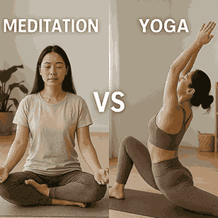 A calm yoga practitioner sitting cross-legged in a peaceful natural setting, eyes closed in meditation, with a yoga mat nearby—representing the contrast between yoga and meditation.