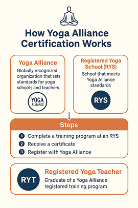 “Infographic explaining Yoga Alliance certification process through a registered yoga school in India – showing steps to become a certified yoga teacher (RYT).”